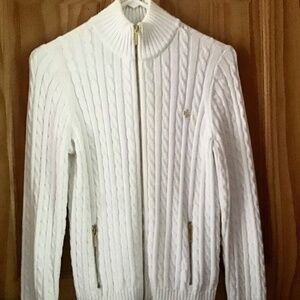 Ralph Lauren white zip-up tennis sweater,2 zippered pockets, embroidered logo/MP